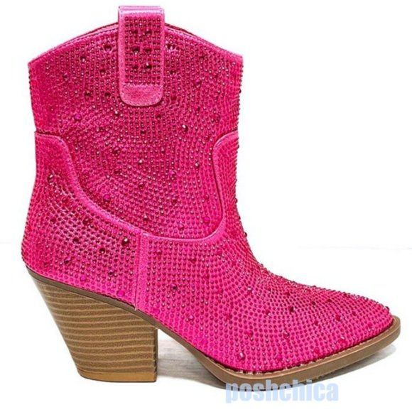 New Women Fuchsia Pink Blingy Rhinestone Cowboy Western Ankle Boots  Booties - Picture 3 of 5
